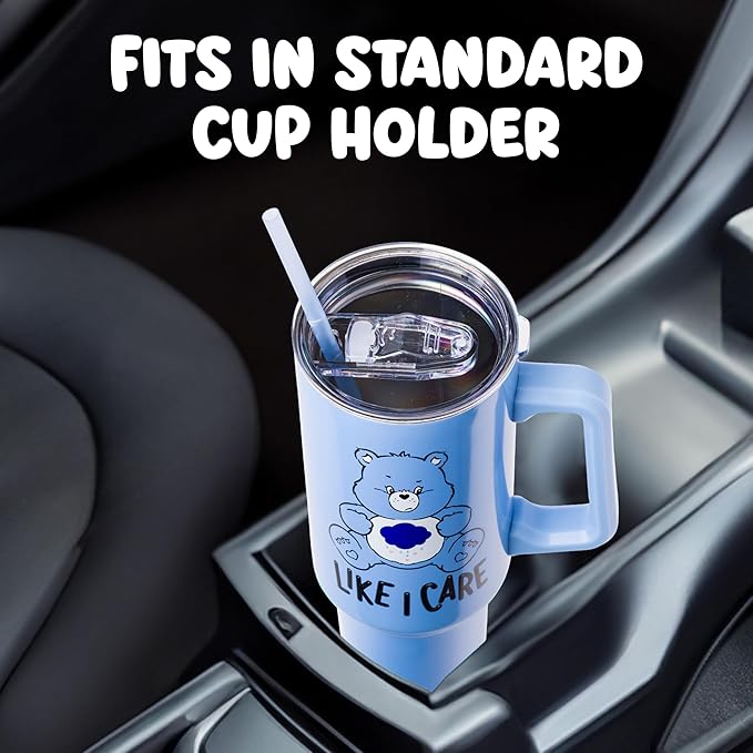 Silver Buffalo Care Bears Grumpy Bear Like I Care Double Walled Stainless Steel Tumbler with Handle and Straw, Fits in Standard Cup Holder, 40 Ounces