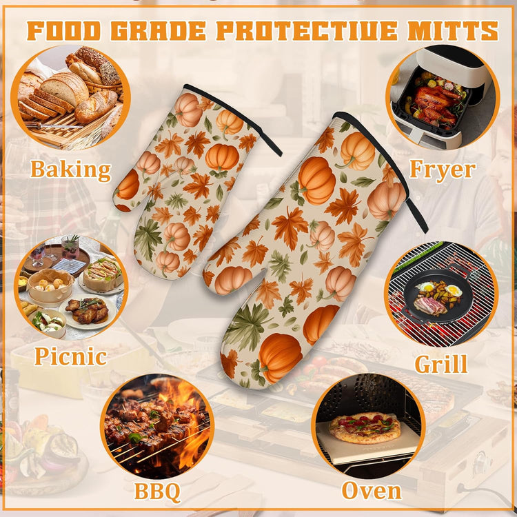 Fall Pumpkin Oven Mitts and Pot Holders,Maple Leaf Heat Resistant Oven Mitts Gloves and Pot Holder for Home Kitchen Decorations Cooking Baking BBQ Gifts,Set of 4