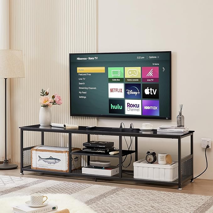 VECELO TV Stand with Power Outlets for Televisions up to 75Inch, 62" Media Entertainment Center with Charging Station 3-Tier Open Storage Shelves with Metal Frame for Living Room/Bedroom,Black