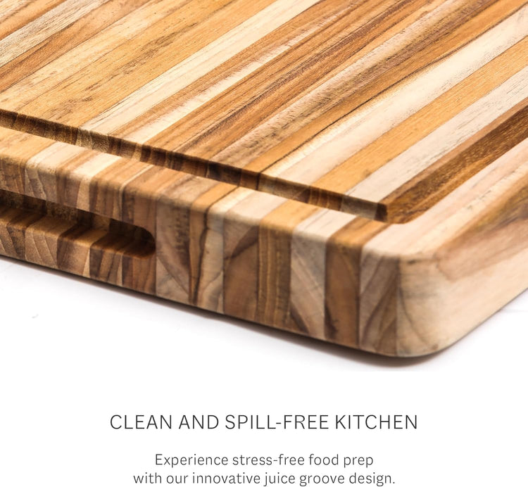 Teakhaus Cutting Board - Small (S) Wood Cutting Board with Juice Groove and Grip Handles - 16”L x 12”W - Thin, Lightweight, Reversible Teak Edge Grain Wood - Knife Friendly - FSC Certified