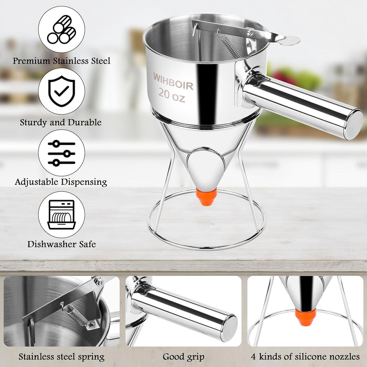 Stainless Steel Pancake Batter Dispenser with Squeeze Handle and Multi-Nozzle, for Pancakes, Cupcakes, and Baked Goods. 20 oz