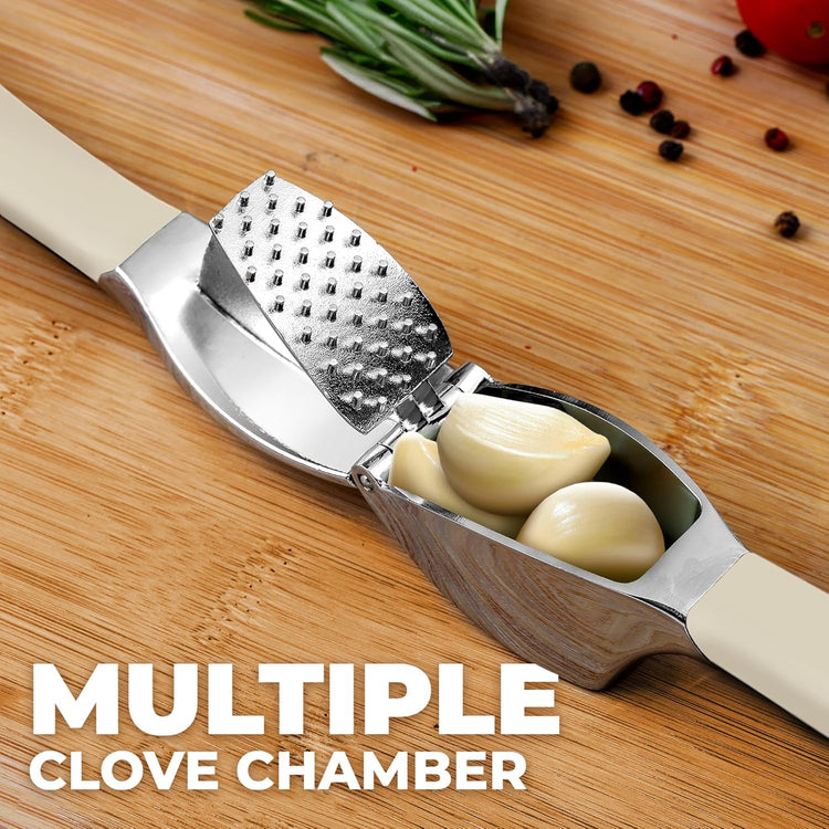 Zulay Kitchen Comfort Grip Garlic Press - Garlic Mincer Tool - Garlic Crusher - Garlic Press Mincer Rust Proof, with Soft Ergonomic Handle, Easy Clean Set with Peeler and Brush - White