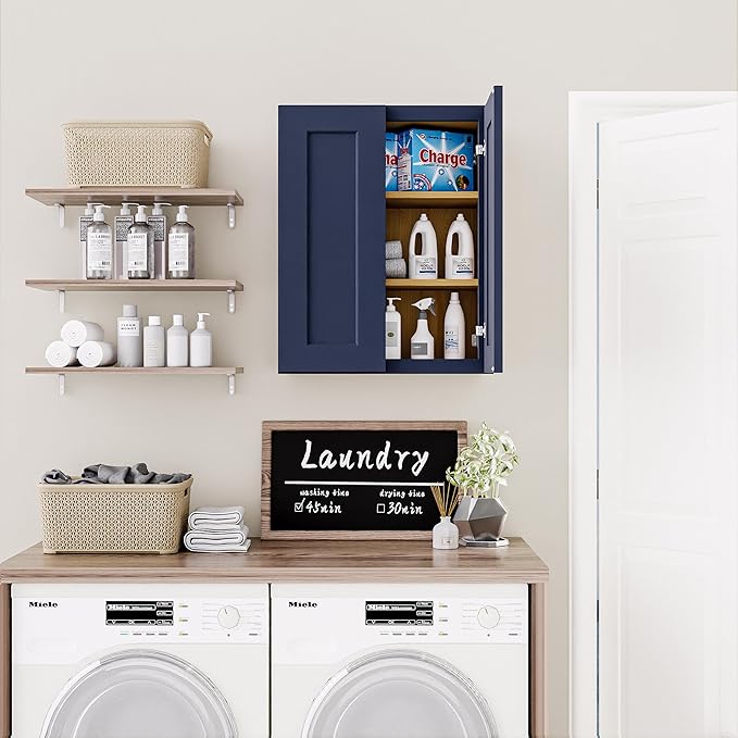 24 Inch Medicine Cabinet Wall Mounted, Solid Wood Over The Toilet Storage Cabinet, Bathroom Organizer Cabinets with 2 Door & Shelves, Easy to Assemble for Laundry Room, Kitchen, Garage - Blue