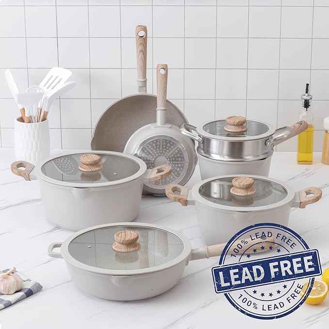 Country Kitchen Non-Stick Cast Aluminum Cookware Set - Durable Kitchen Cookware for Everyday Cooking, Cream Round Handle, 11 Pc.