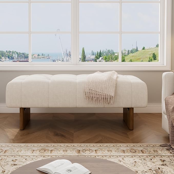 Christopher Knight Home Yvone Modern Upholstered Ottoman Bench, Minimalist Wooden Entryway Bench, Living Room Sofa Extra Seat, Ottoman End of Bed Bench for Bedroom, Beige+Brown