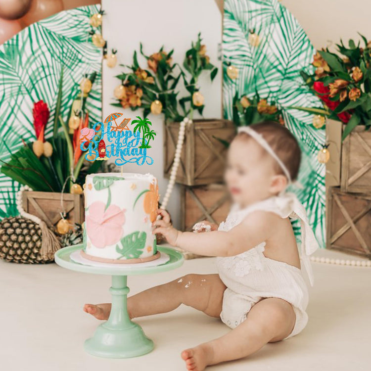 1Pcs Summer Beach Happy Birthday Cake Topper Glitter Ball Tree Umbrella Pool Cake Pick for Hawaiian Holiday Baby Shower Birthday Party Cake Decorations Supplies Blue