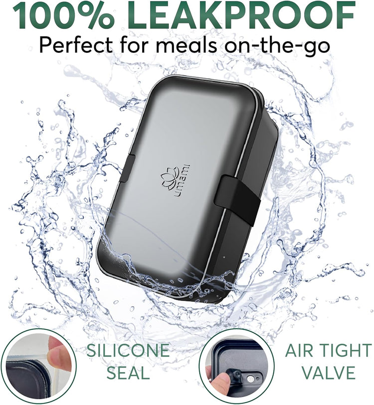 Umami Lunch Box Containers w/ 4 Utensils, Sauce Jar, Nestable Space-Saving Bento Box Adult, 100% Leakproof, Microwavable Lunch Containers for Adults, Design Award Winner, Black, 30 oz