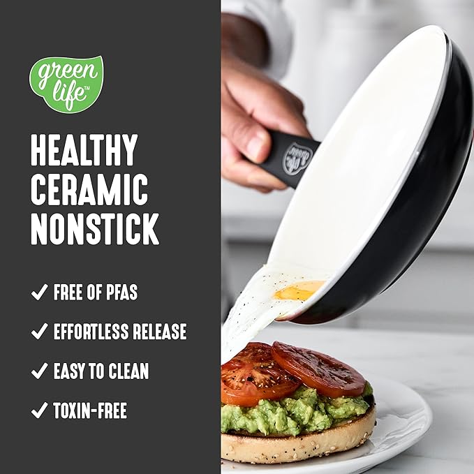 GreenLife 8 Piece Nonstick Cookware Set, Non-Toxic PFAS-Free Ceramic Pots & Pans, Dishwasher & Oven Safe, Frying, Sauce, Stock Pot, Glass Lids, Stay-Cool Handles, Wobble Free, Black