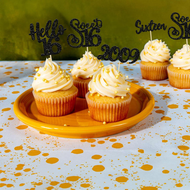 24Pcs Happy 16th Birthday Cupcake Toppers Glitter Hello 16 Sweet 16 Cupcake Picks 2009 Sixteen Old Birthday Cake Decorations for 16th Birthday Anniversary Party Supplies Black (24 Count)