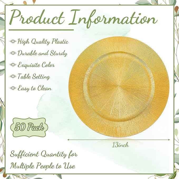 Tanlade 50 Pcs Gold Charger Plates Bulk, 13" Round Plastic Dinner Charger Plate, Shiny Golden Table Chargers Serving Plates Catering Tabletop for Thanksgiving Halloween Christmas Wedding Party Decor