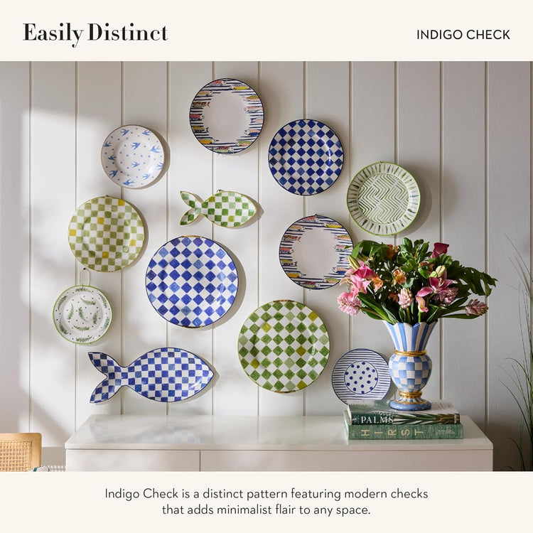 MACKENZIE-CHILDS Round Platter, Dishwasher-Safe and Microwave-Safe Stoneware Serving Platter, Indigo Check