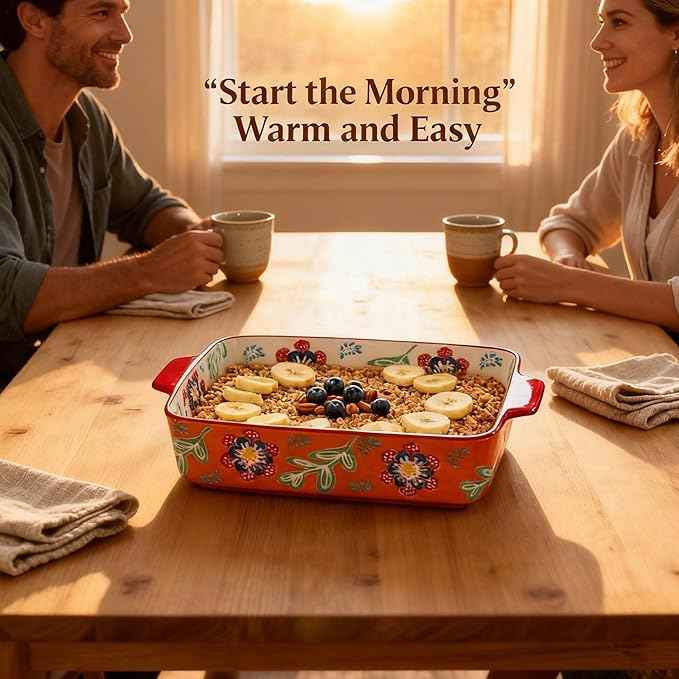 Ceramic Baking Dish Set, 2-Piece Stoneware Bakeware with Handles, 3QT & 1.2QT Casserole Dishes for Oven to Table, Microwave Dishwasher Safe, Lead-Free, Hand-Painted Bakeware -Warm Orange