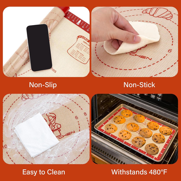 Non-Slip Silicone Baking Mat - 20x28 inch Extra Thick Pastry Mat with Measurements for Sourdough, Macarons, Bread, Pizza, Dough Rolling, Kneading, Oven Mat Heat Resistant to 480ยฐF Gift for Baker