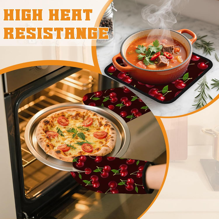Cherry Oven Mitts and Pot Holders Set,Red Kitchen Decor Heat Resistant Non Slip Hot Pads and Oven Mitt for Chef Cooking Baking BBQ Mom Girl Gifts(4 Piece Set)