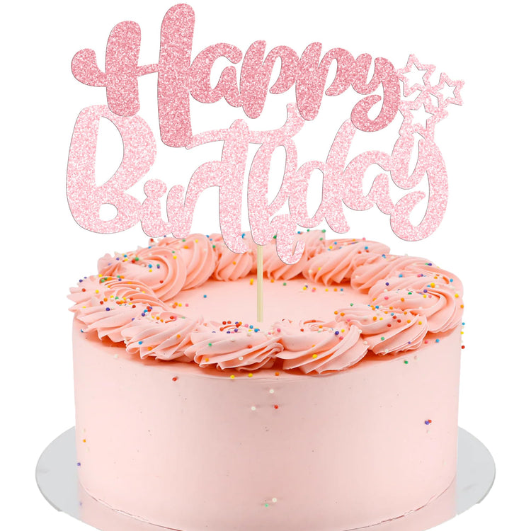 1Pcs Happy Birthday Cake Topper Glitter Happy Birthday Cake Pick Decorations for Celebrating Happy Birthday Anniversary Theme Party Cake Decorations Supplies Pink Light Pink