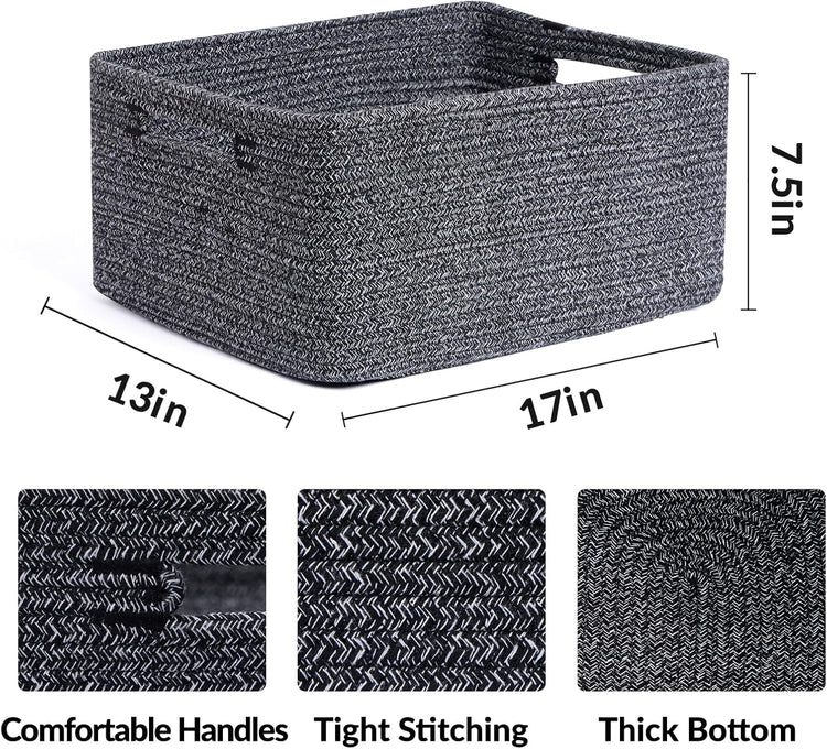 Large Storage Baskets for Shelves, Closet Organizers Bins for Clothes Blanket Towels, Baby Nursery, Toy Baskets Box, Woven Rope Baskets, 17 x 13 x 7.5”, 3 Packs Dark Gray