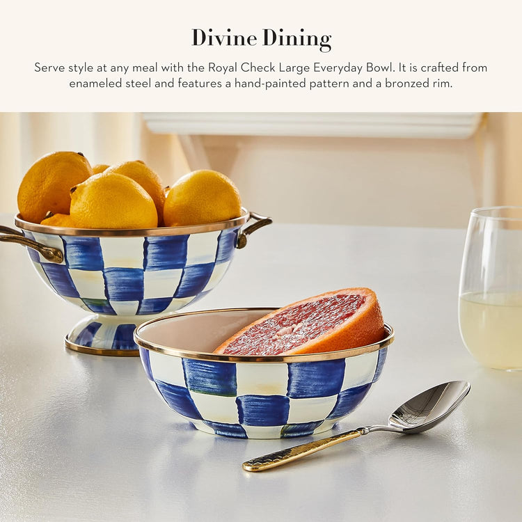 MACKENZIE-CHILDS Enamel Everyday Bowl, Serving Bowl for Entertaining, Large, Blue-and-White Royal Check