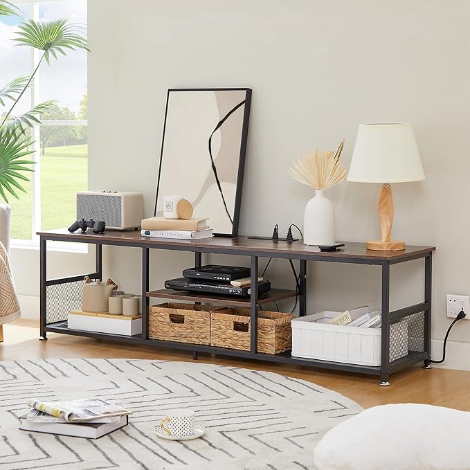 VECELO TV Stand with Power Outlets for Televisions up to 75Inch, 62" Media Entertainment Center with Charging Station 3-Tier Open Storage Shelves with Metal Frame for Living Room/Bedroom,Brown