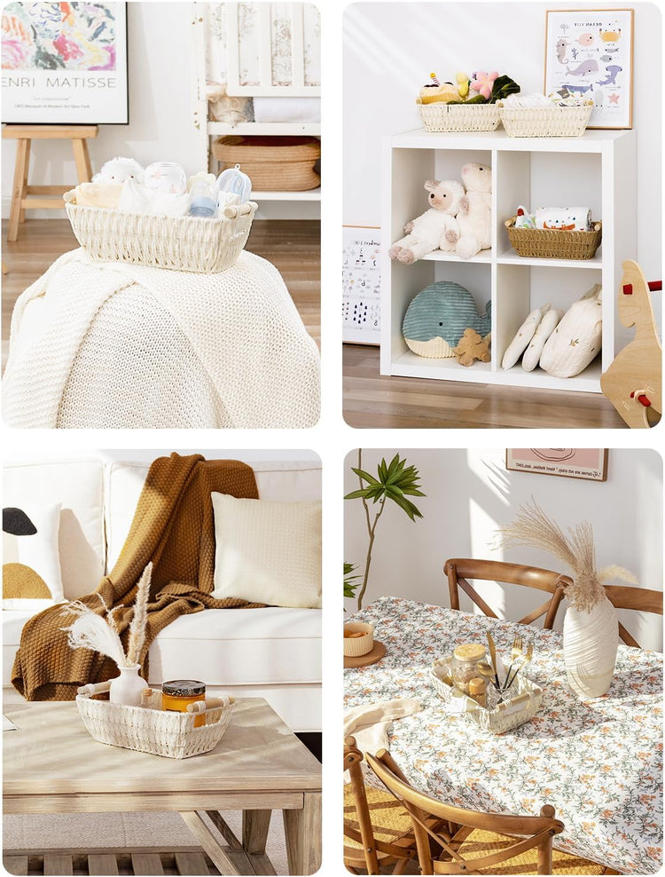 StorageWorks Round Paper Rope Woven Basket with Wooden Handles for Gifts, Small Wicker Baskets for Bathroom, Beige, 2-Pack