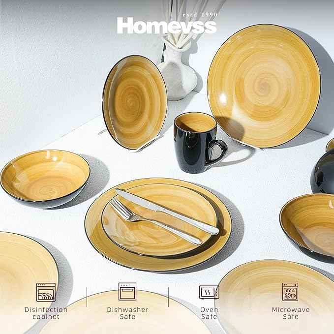 Stoneware Sonoma 16pc Dinnerware Set, Black + Speckled Spin Wash Yellow