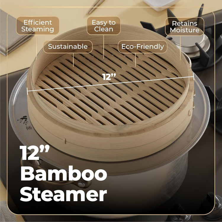 Prime Home Direct Bamboo Steamer Basket 12-Inch | 2-Tier Steamer for Cooking | 50 Liners, Chopsticks, Sauce Dish | Steaming Asian Food, Bao Buns, Chinese, Dim Sum, Dumpling, Rice, Vegetable Steam Pot