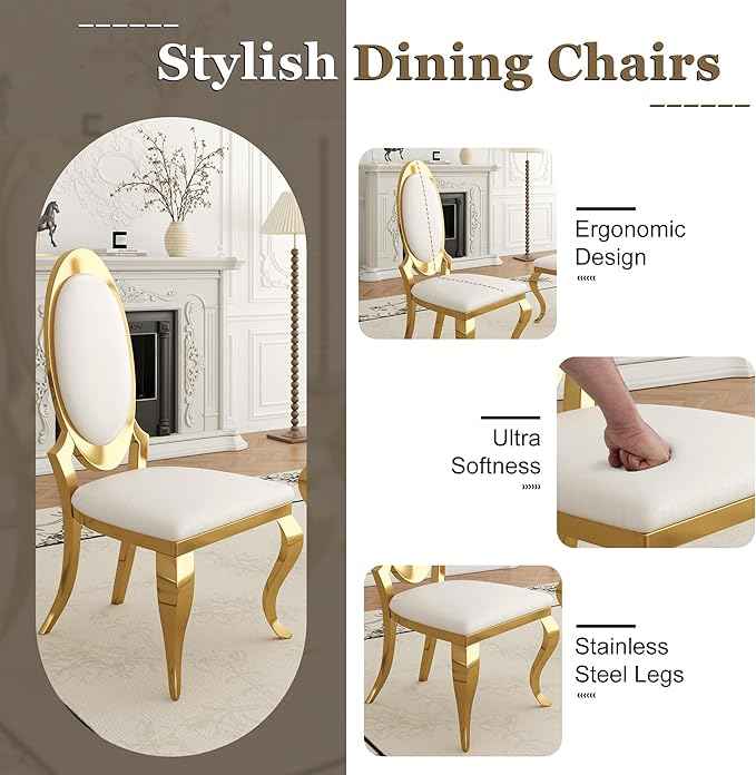 Modern Dining Chairs Set of 4, Luxury Faux Leather Upholstered Armless Dining Room Chair with Mirrored Stainless Steel Gold Legs, Mid Century Accent for Wedding Party Banquet Reception, White