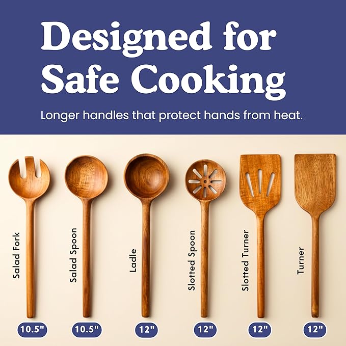 Non-Toxic Cooking Utensils โ 6-Piece Kitchen Utensils Set, Glue-Free & One-Piece Wooden Spoons for Cooking, Natural Wooden Utensil Set with Plant-Based Finish, Free of Forever Chemicals