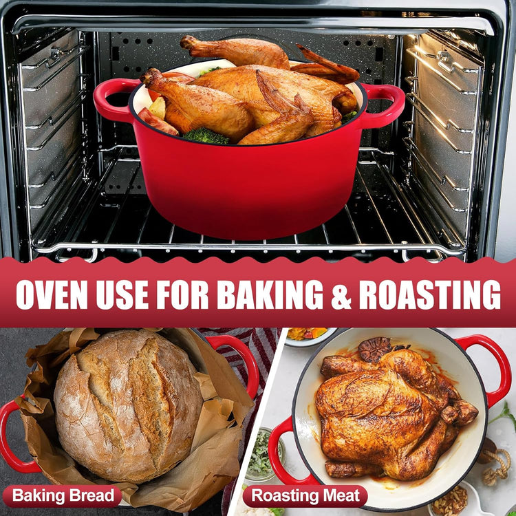 P&P CHEF 7QT Enameled Dutch Oven, Cast Iron Dutch Oven Pot with Lid for Bread Baking, Enameled Casserole Pot for Roasting Braising Stewing Frying Simmering, Various Stoves & Easy Clean, Red - Nestoria