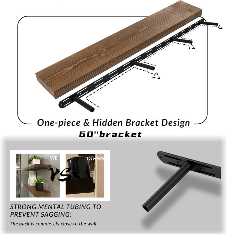 Rustic Floating Shelves 60 inch Long 8 "deep Set of 1, Heavy Duty Wood Wall Mounted Shelves for Bathroom Living Room Kitchen,Book Shelves with Thickened Hidden Bracket- Walnut