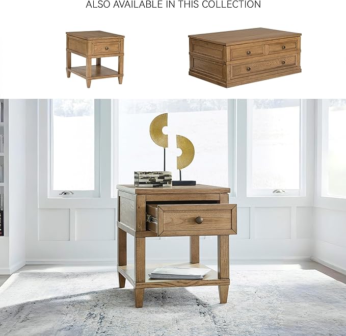 Signature Design by Ashley Sharlance Transitional 1-Drawer End Table with Lower Shelf, Power Supply and USB Ports, UL Listed, Dark Brown Drawer Pulls, Light Brown