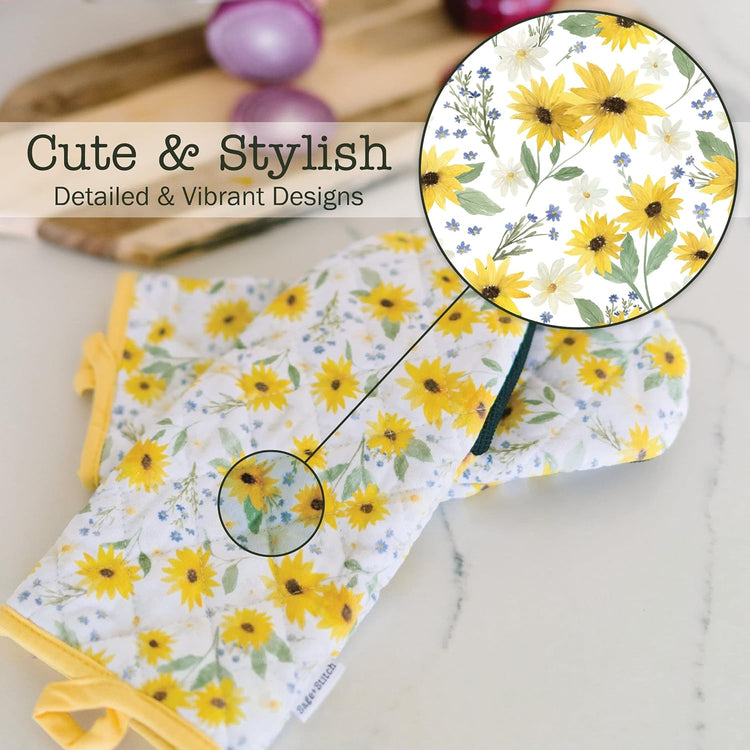 Heat Resistant Designer Kitchen Oven Mitts with Neoprene Non-Slip Grips and Hanging Loops | Set of 2 100% Cotton Long Sleeve Kitchen Oven Mitts | 5.5" x 12" | Sun Flowers