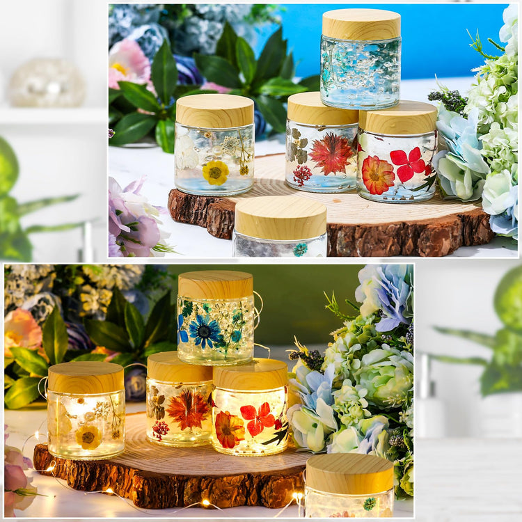 48 Pcs 4 oz Glass Jars with Lids Empty Small Glass Containers and Inner Liners Reusable Cosmetic Jars Round Airtight Bottles with Plastic Woodgrain Lids for Travel