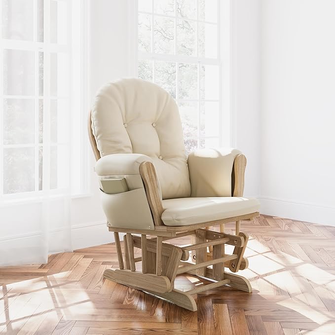 Storkcraft Premium Hoop Glider & Ottoman (Natural/Beige) — GREENGUARD Gold Certified Nursery Glider, Solid Wood Craftsmanship, Smooth-Gliding Nursery Chair and Ottoman, Award-Winning
