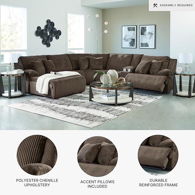 Signature Design by Ashley Top Tier Modern Right-Arm Facing 6-Piece Reclining Sectional with Chaise, Armrest, Throw Pillows and Storage, Dark Brown