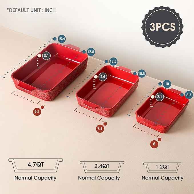 Ceramic Baking Dish Set of 3, Casserole Dishes for Oven, Ideal for Baking, Stewing, Roasting, and Holiday Feasts. The Gift for Mother's Day, Thanksgiving, Christmas, or Housewarming(Christmas Red)
