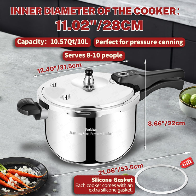 Stainless Steel Pressure Cooker 10 Quart All Stovetops Induction Compatible Food Grade Heavy Duty Multi Safety System Durable Body Handle for Home and Commercial Use