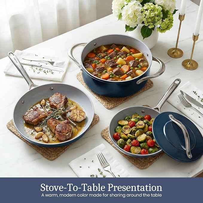 Ceramic Cookware Set 8 Pieces Nonstick Pots and Pans Set with Lid PFAS-Free Non Toxic Cookware, Induction Compatible, Oven Safe, Quick & Even Heat Distribution, Navy Blue