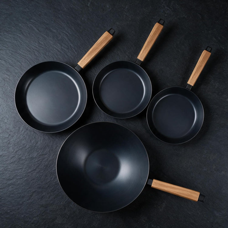 Forest 3 Quart Blue Carbon Steel Pan & Wok Set with Acacia Wood Handle (4 Count)
