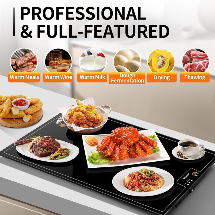 Electric Warming Tray(Large 22”x14”),Food Warmer with Thermostat and Full Surface Heating,Food Warming Mat with 2 Temperature Modes for Parties Buffet,Gatherings,Heat Resistant Glass,Black
