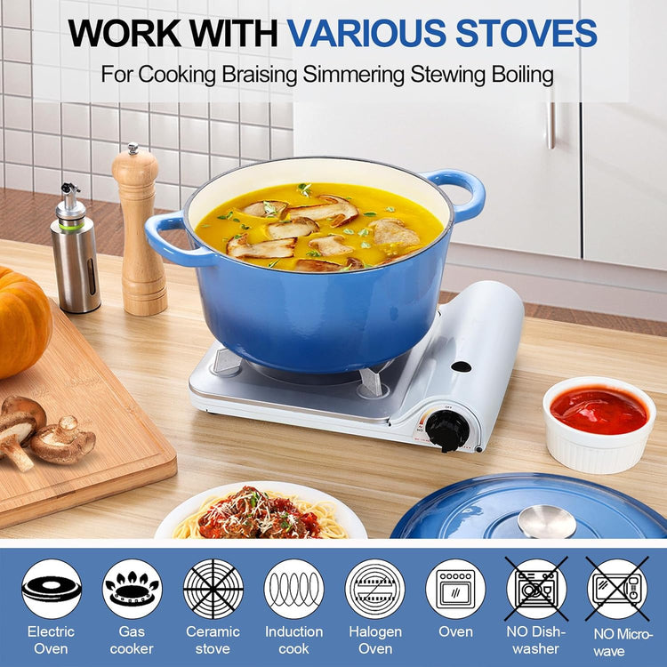 P&P CHEF 7QT Enameled Dutch Oven, Cast Iron Dutch Oven Pot with Lid for Bread Baking, Enameled Casserole Pot for Roasting Braising Stewing Frying Simmering, Various Stoves & Easy Clean, Blue - Nestoria