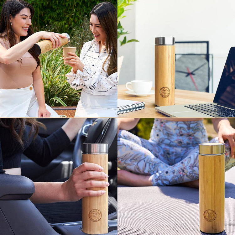 LeafLife Premium Bamboo Tea Bottle for Loose Tea - Tea Infuser Bottle - Tea Gifts - Insulated Water Bottle/Coffee Tumbler/Tea - Tea Gift Set, Tea Accessories - Tea Tumbler 12oz