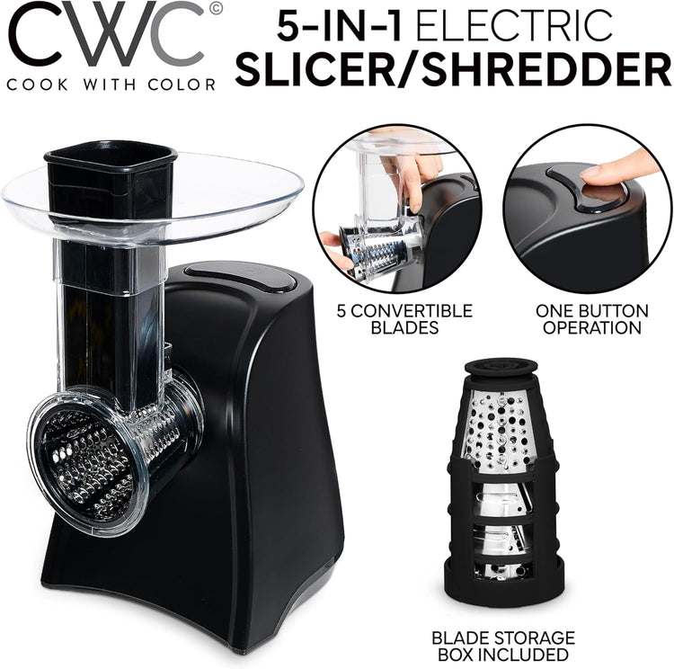COOK WITH COLOR 5-in-1 Electric Slicer, 150W Food Prep Machine – Cheese Shredder, Fine & Coarse Graters, Potato Grater, Vegetable Slicer, Fruit, Salad Shooter, Compact Design for Bowl Prep, Black