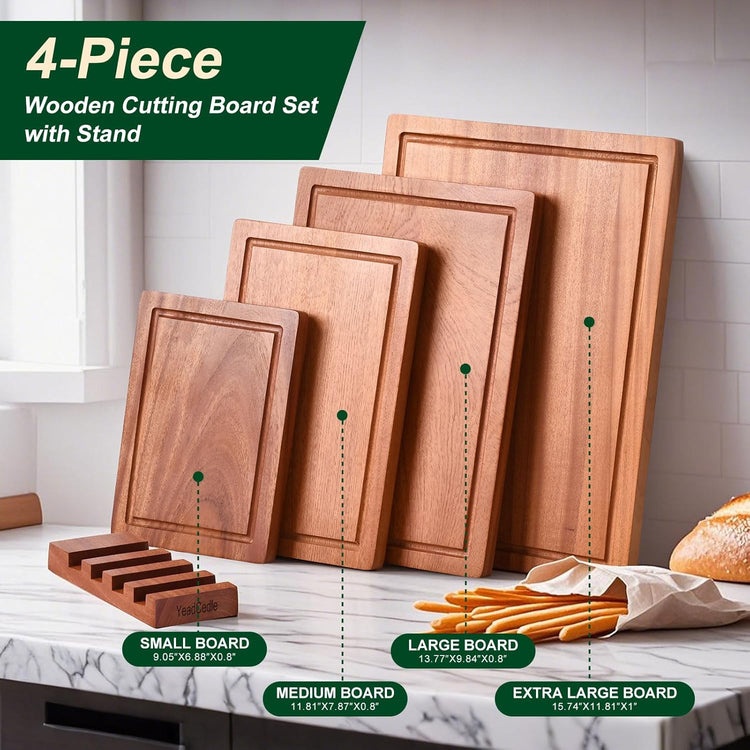 Wooden Cutting Board Set of 4 with Holder Non Toxic Solid Sapele Wood Chopping Boards for Kitchen with Juice Grooves Thick Large Cutting Board (9x7 to 16x12 In) for Meat Vegetables Cheese (Brown)