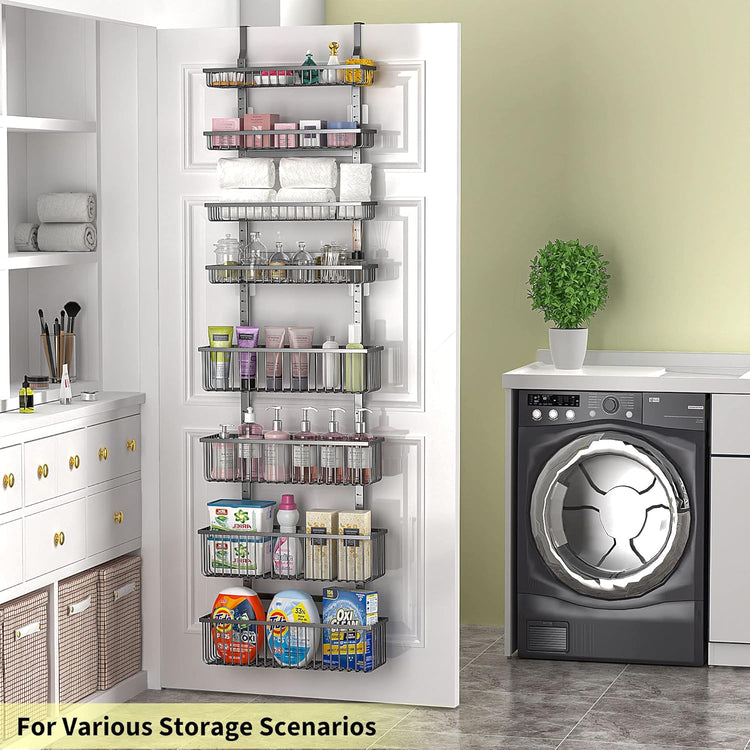 Moforoco Over The Door Pantry Organizer, Pantry Door Organizer Shelves, Kitchen Organizers and Storage, Hanging Basket Wall Spice Rack Seasoning Shelves, Laundry Room Bathroom accessories(Black