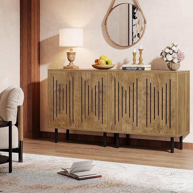 Tribesigns Set of 2 Sideboard Buffet with Storage, 59" Buffet Sideboard Cabinet with Adjustable Shelves, Accent Storage Cabinet for Living Room, Natural