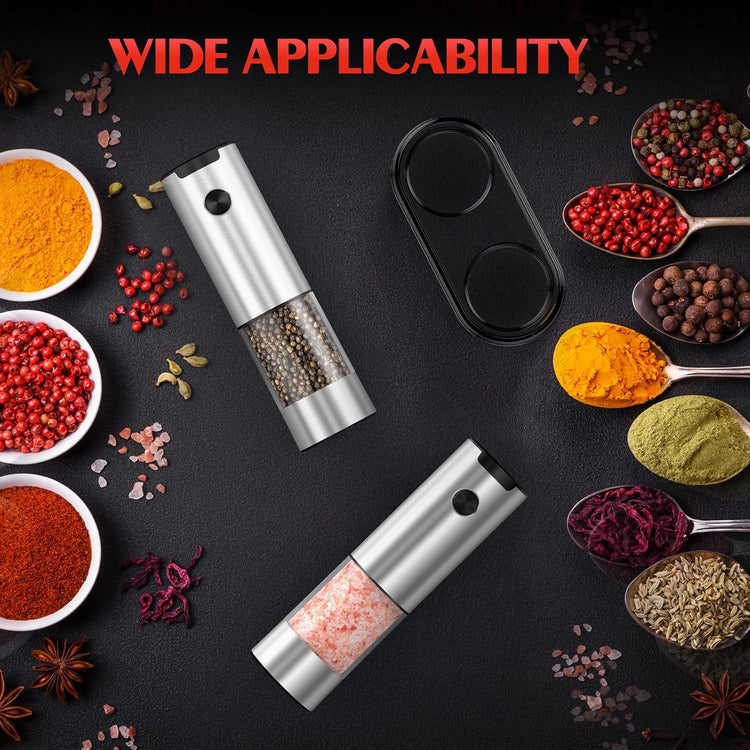 Stainless Steel Electric Salt and Pepper Grinder Set-One-Touch Battery Operated Mill with Adjustable Coarseness & LED Light, Sleek & Durable Grinder for Kitchen New Home Gift Ideas (2 Pack)