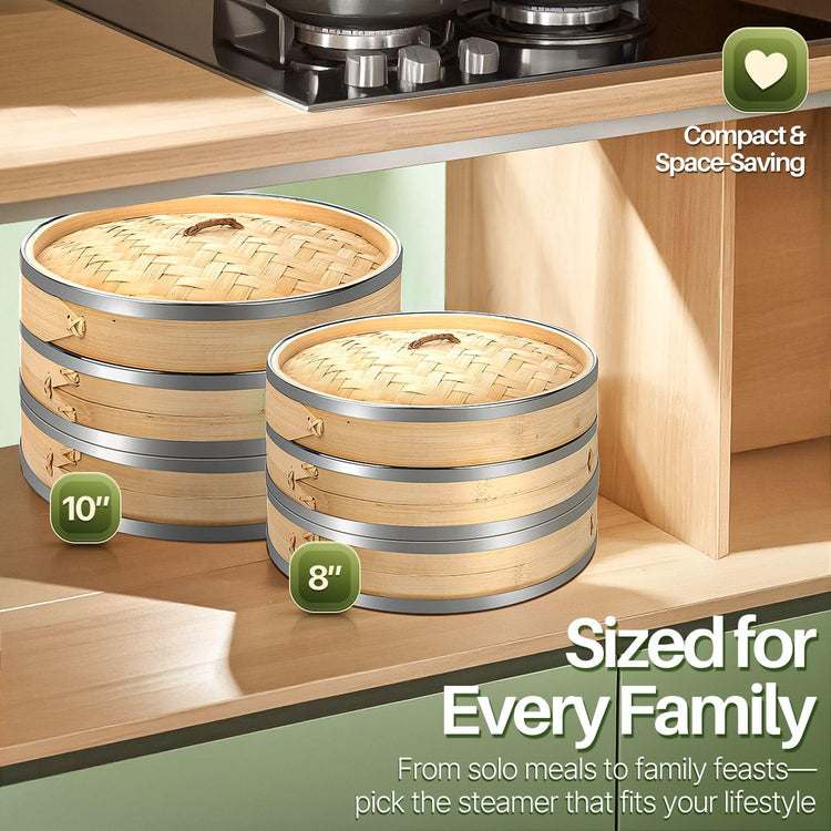 10 Inch Bamboo Steamer Basket Set with Stainless Steel Banding