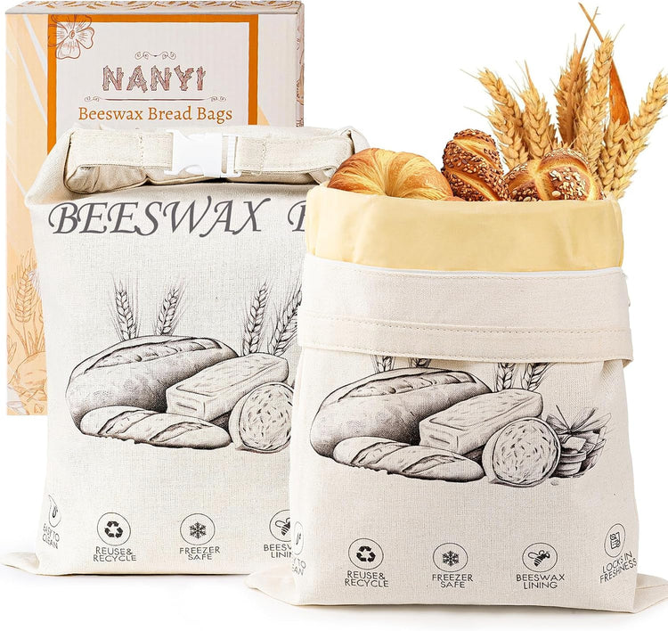 2-Pack Reusable Beeswax Bread Bags for Sourdough & Homemade Bread,Cotton Waxed Bags Keeps Fresh Longer(Ivory Loaf)