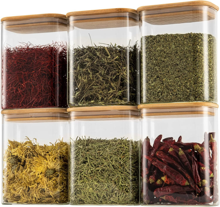 37oz Rectangle Airtight Glass Storage Containers with Bamboo Lids (Set of 6), Square Food Storage Jar, Pantry Organizers for Cereal, Nuts, Snacks and Coffee beans (with Black Lable)