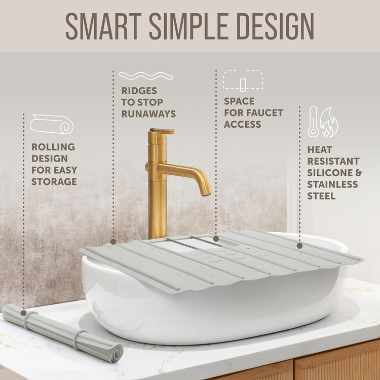 Maplefield Travel Size Bathroom Sink Cover for Counter Space - Foldable Silicone Sink Mat for Beauty Routine, Ideal for Small Bathroom, RVs, Camper Vans (Taupe Small, 19.5 x 15.5 x 1.6 Inches)